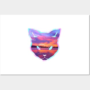 Prismatic iridescent sunset ocean cat Posters and Art